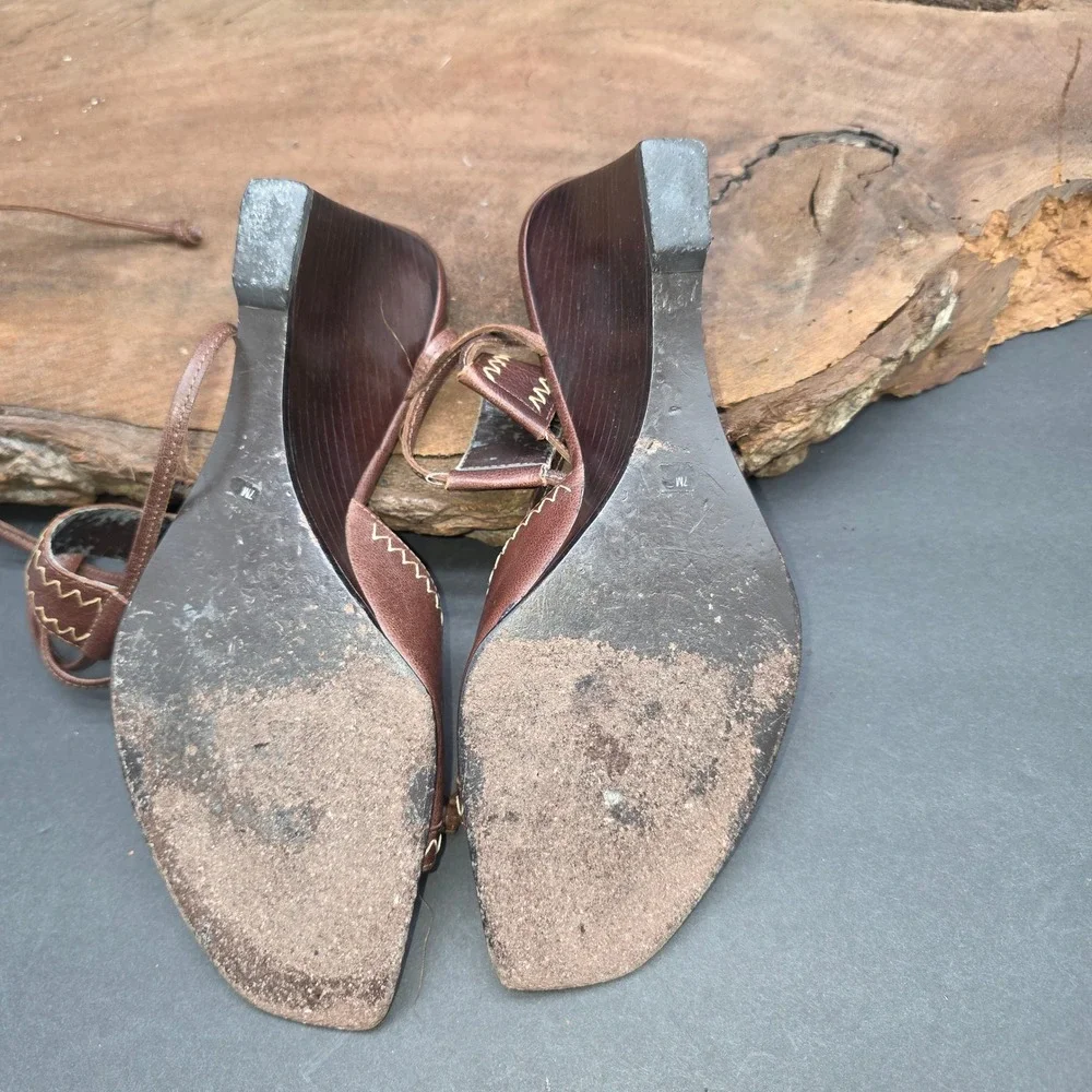 Resort Franco Sarto Wedge Sandals W 7M Brown Leather LaceUp ZigZag Stitch Casual